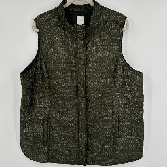 J. Jill Vest Womens 2X Green Black Quilted Puffer Herringbone Print Zip Pockets - Picture 1 of 9
